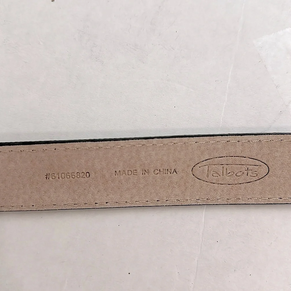 Talbots black leather belt with a circular buckle adorned with gemstones large